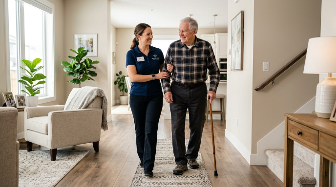 Professional caregiver helping elderly woman with daily tasks and medication management inside a home environment