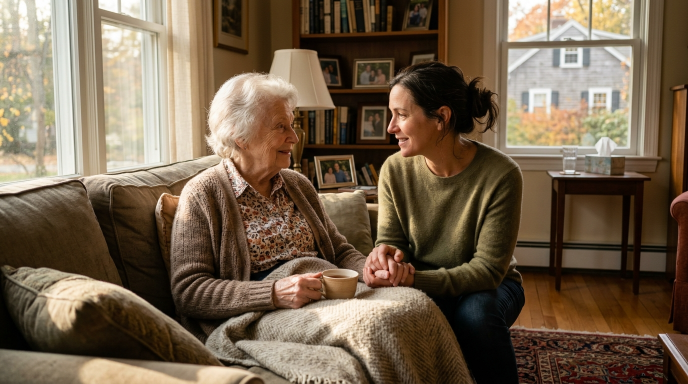 Adult daughter discussing care options with elderly mother at home in a warm and supportive family setting