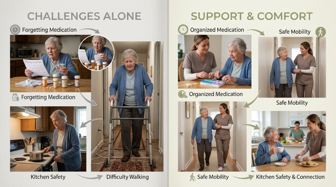 Split scene showing elderly person struggling with daily activities contrasted with caregiver providing in-home support and assistance