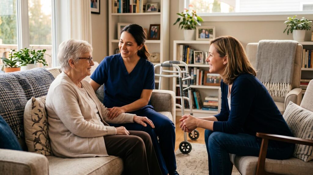 Professional caregiver helping an elderly parent at home while family members discuss care needs.
