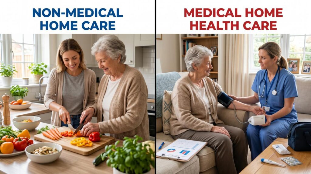 Comparison between non-medical home care and medical home health care services.