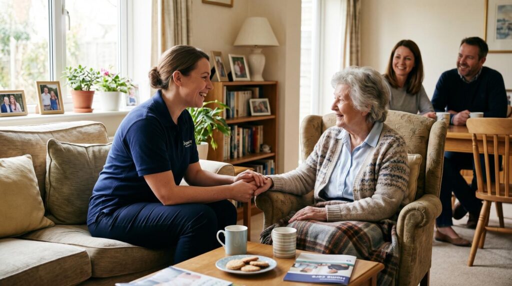 Elderly parent meeting a professional in-home caregiver for the first time.