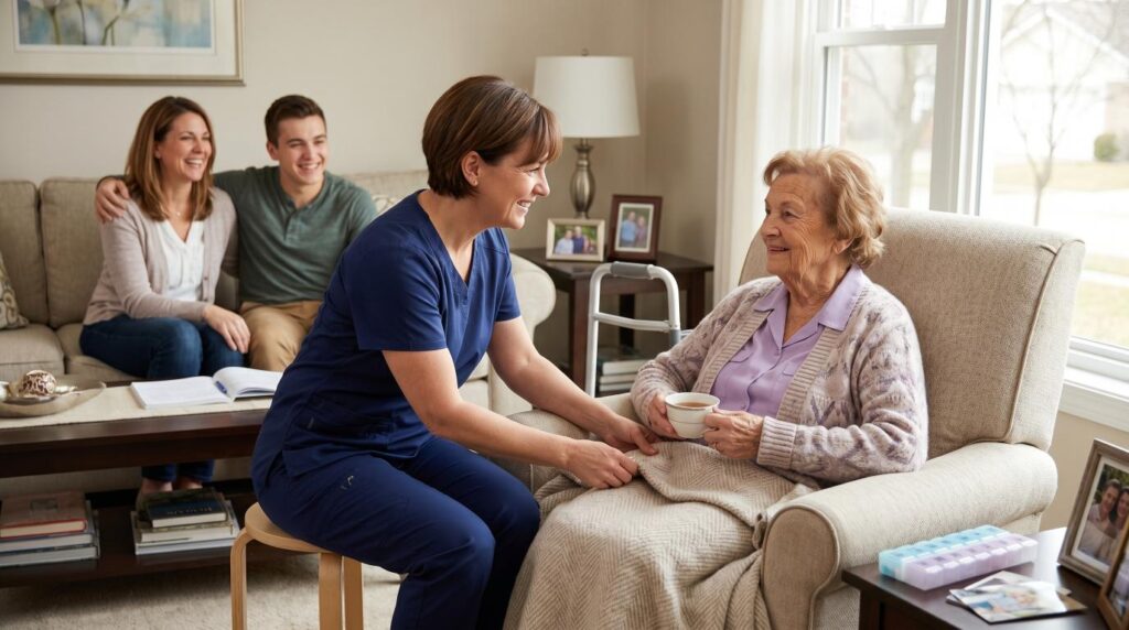Happy senior receiving quality in-home care with supportive family nearby.