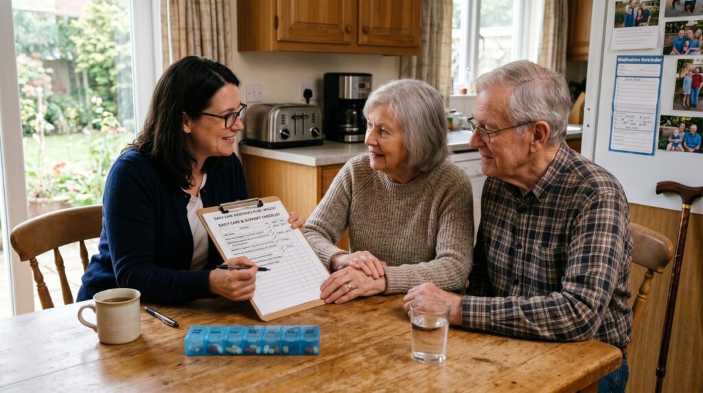 Family discussing daily care needs and support options for elderly parents at home.