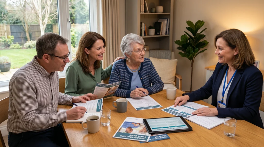 Family consulting a professional to choose between home care and home health care services