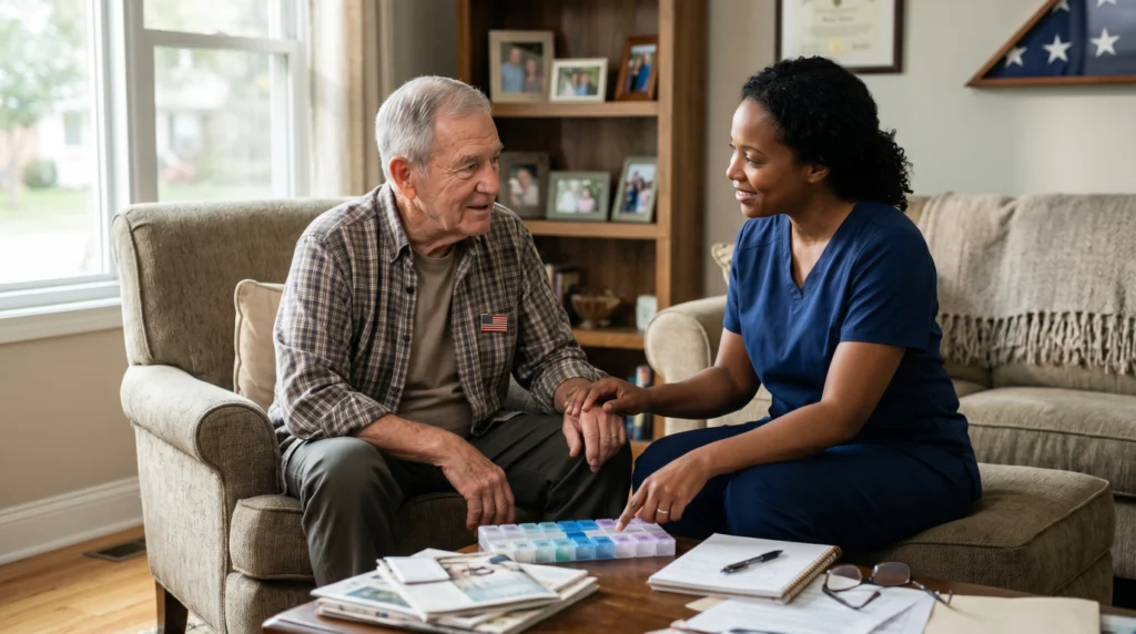 Professional caregiver helping a veteran with daily living activities at home.