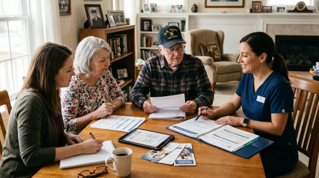 Veteran completing in-home care application paperwork with guidance from a care specialist.
