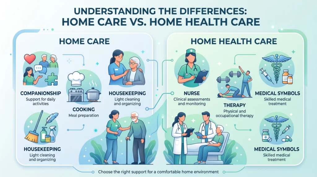 Infographic comparing home care services with home health care medical services