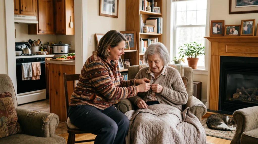 Caregiver assisting an elderly person with daily activities in a comfortable home care setting