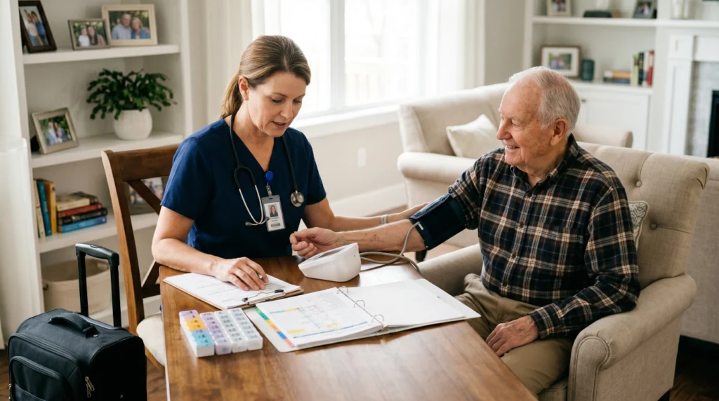 Home health nurse providing medical care and monitoring a patient’s health at home