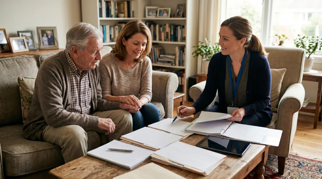 Veteran meeting with a care coordinator to discuss eligibility for in-home care benefits.