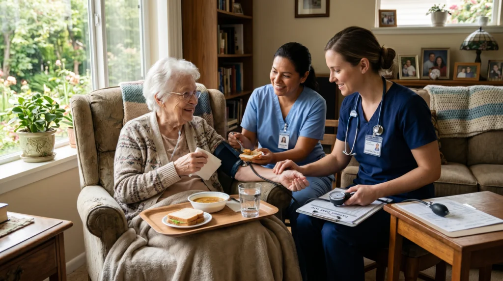 Elderly person receiving both home care and home health care support at home