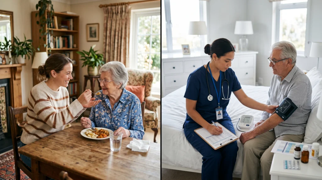 Side-by-side comparison of home care and home health care showing daily support versus medical care at home