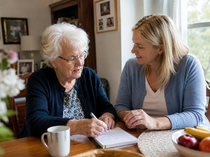 Senior woman receiving daily living support from a caregiver at home