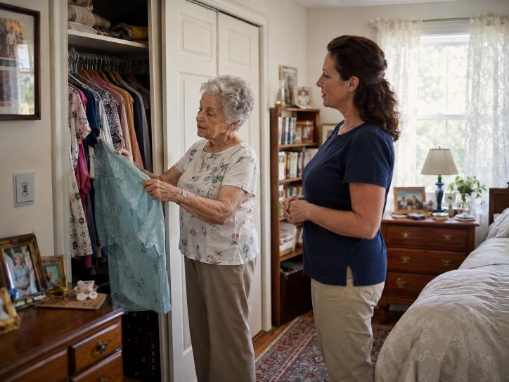 Caregiver supporting senior woman while she chooses her clothes