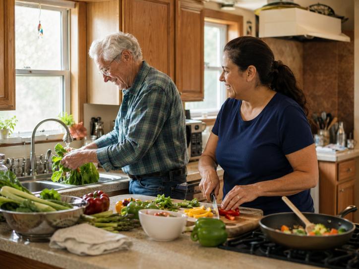 Caregiver helping senior man prepare a meal at home
