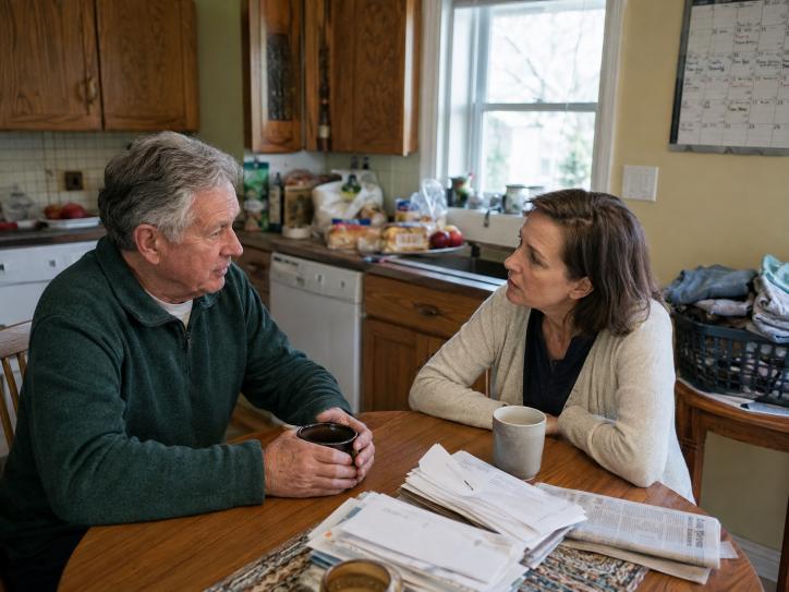 Adult daughter talking with senior father about daily living difficulties