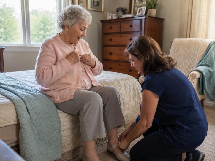 Caregiver providing respectful personal care assistance to senior woman