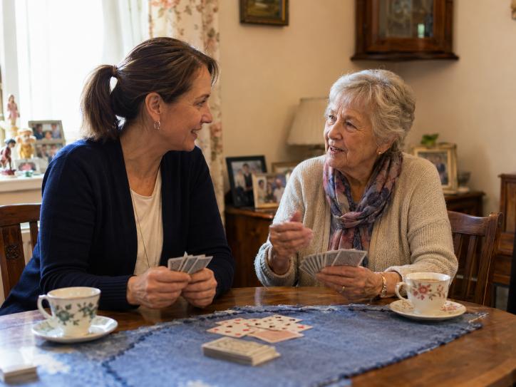 Senior woman enjoying companionship and conversation with caregiver